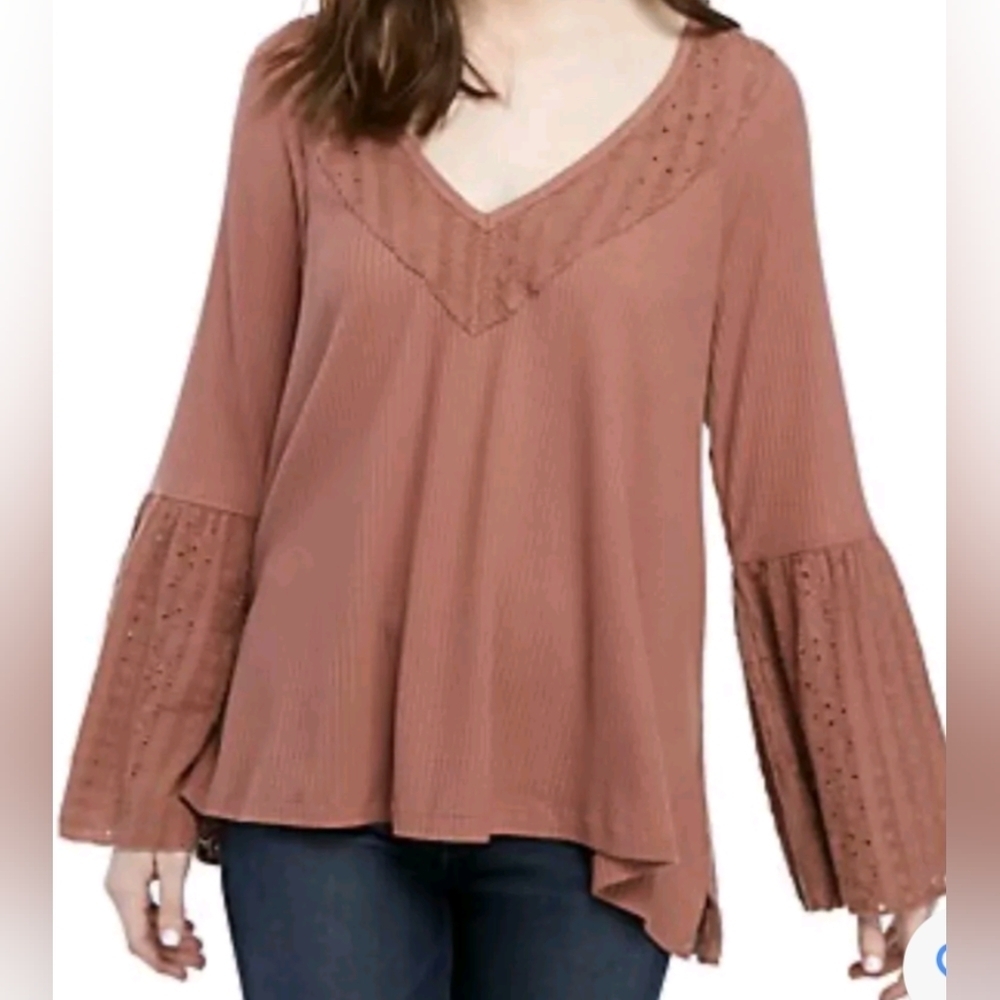 Free People Parisian Nights Pink Eyelet Bell Sleeve Waffle Knit Top size S - Picture 1 of 10